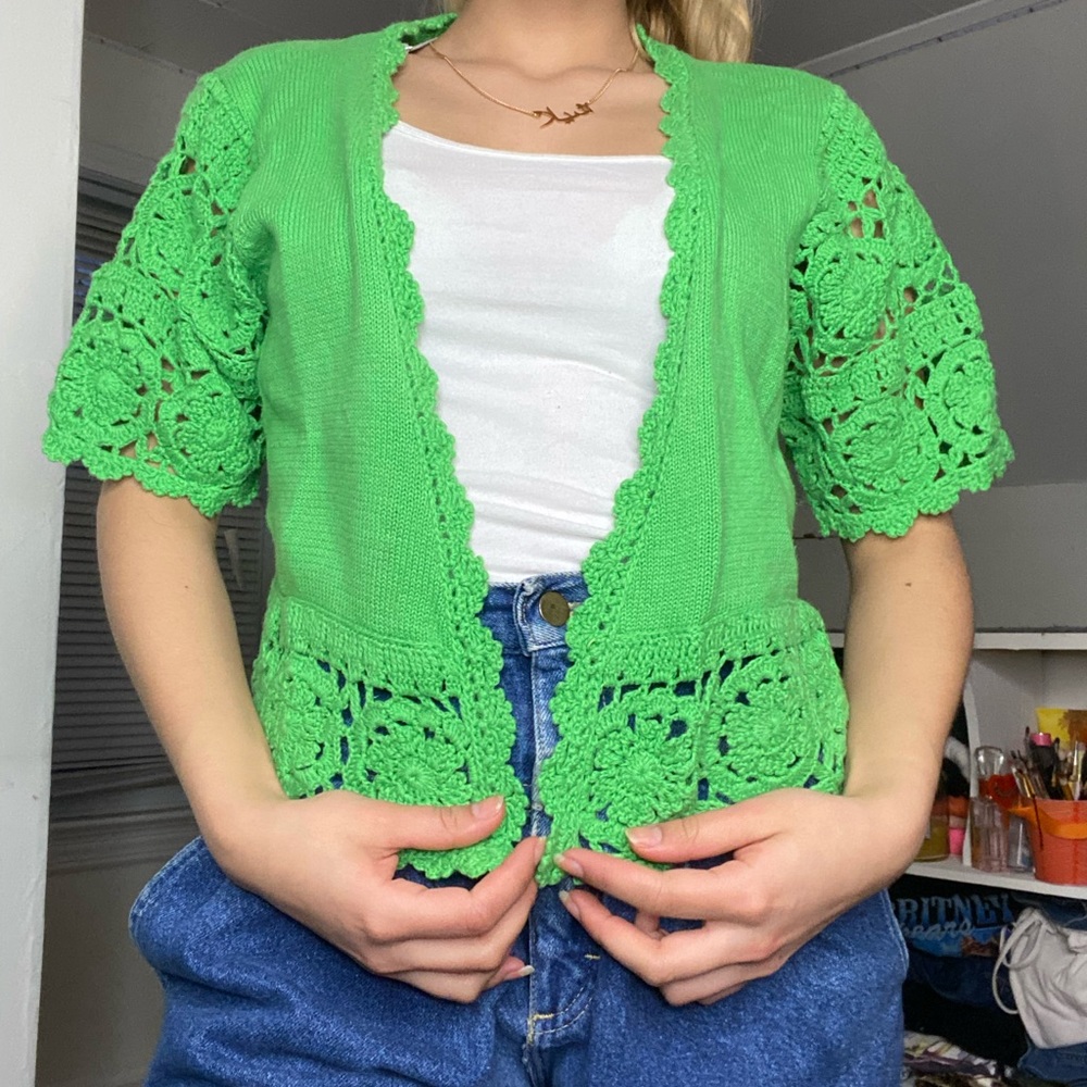 Green crochet short sleeve cardigan